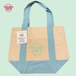 🩵Trader Joe's Mini Pastel Canvas Tote Bag in Light Blue, Mint & Natural. NWT